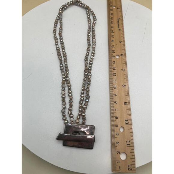 Double Strand Grey Freshwater Pearl Necklace with Modern Sterling Silver Pendant - Picture 5 of 8